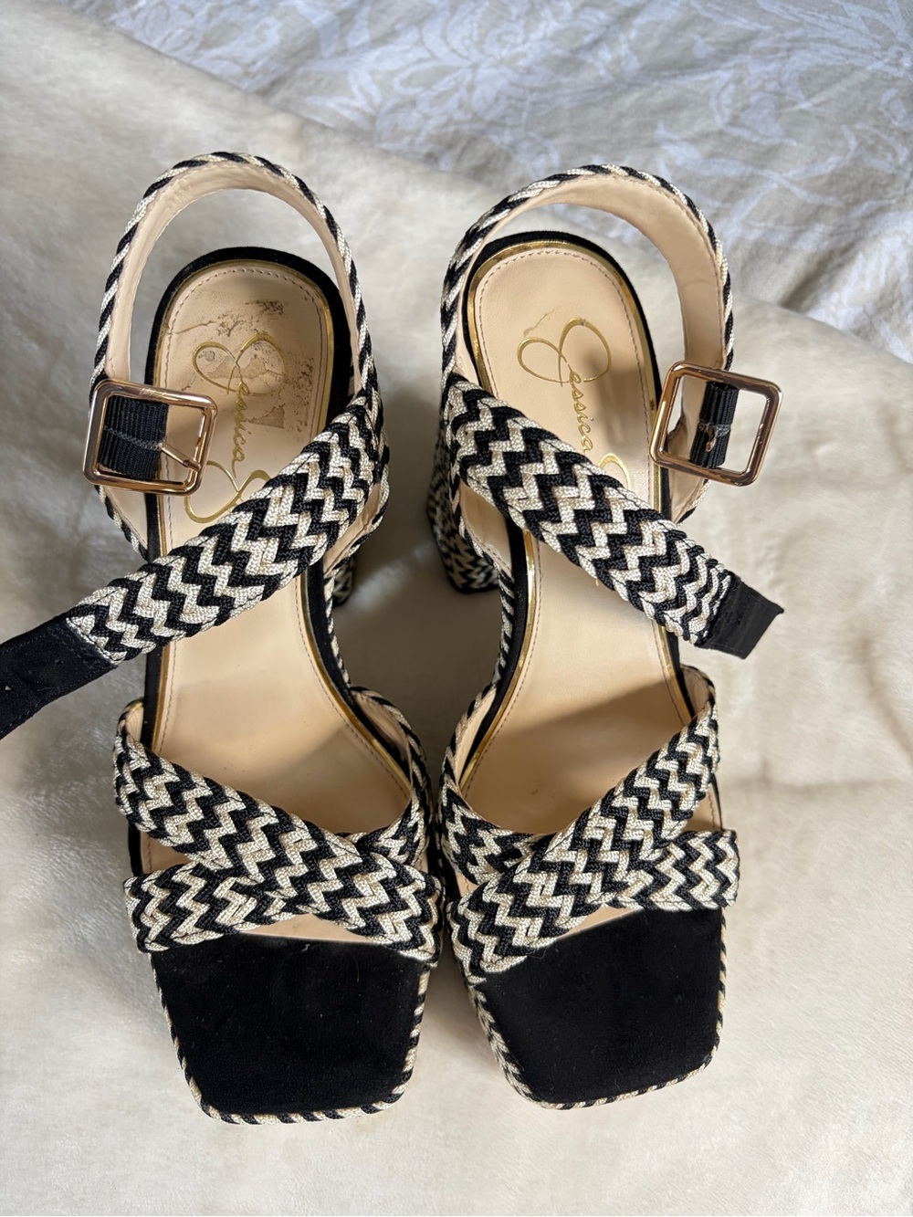 Jessica Simpson Black and Ivory Zigzag Braided Strap Block Heel Sandals